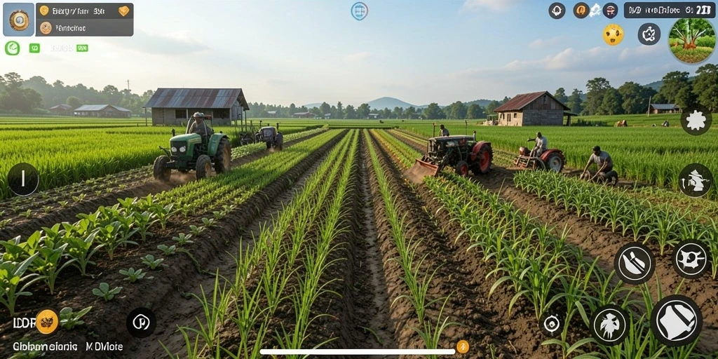 Screenshot gameplay IDR77 menunjukkan suasana pertanian yang cerah dan aktif.