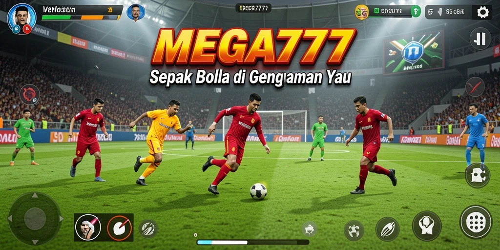 Screenshot gameplay MEGA777 menampilkan aksi seru di lapangan sepak bola.