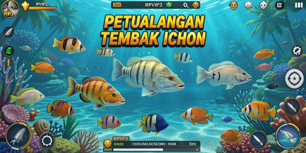 Screenshot gameplay RPVIP3 menampilkan aksi seru menembak ikan di bawah laut.